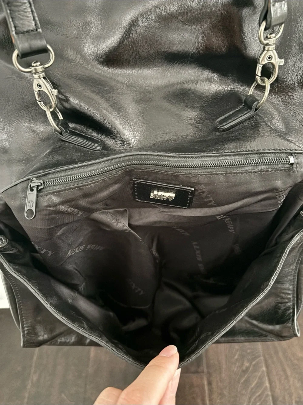 Miss Sixty Black Leather Messenger Bag with Metal Button Accents